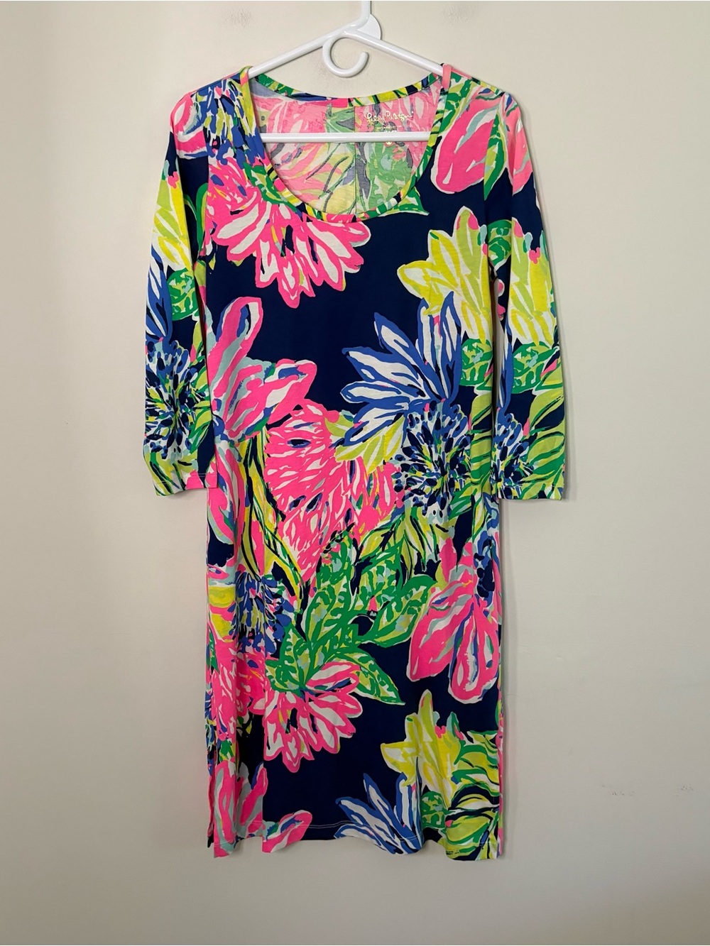 Lily Pulitzer pink green Floral Dress 100% Pima Cotton M 3/4 Sleeve vacation